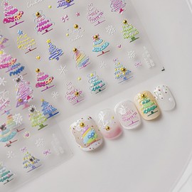 Christmas Nail Stickers 5D Embossed Rainbow Colors Xmas Trees Nail Decals Winter Snowflake Colorful Trees Design Manicure Sliders Self Adhesive Christmas Nail Art Stickers for Women Girls Nail Decor