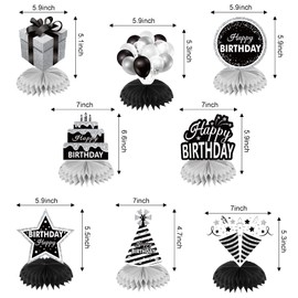 8PCS Black White Silver Birthday Decorations Honeycomb Centerpieces for Women Men, Black White Happy Birthday Table Centerpieces Party Supplies, 16th 21st 30th 40th 50th Birthday Table Topper Decor
