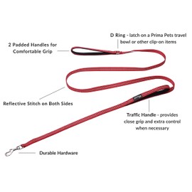 Reflective 6 Feet Nylon Dog Leash with Padded Double Handles, 2 Heavy Duty Dual Neoprene Handles for Control Safety Training Durable Traffic Handle, for X Small to Small Dog (Small - 5/8" Width, RED)