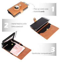 AirTag Wallet Men's Credit Card Holder, Leather Card Wallet RFID Blocking Pop Up Metal Bank Card Case (Brown)