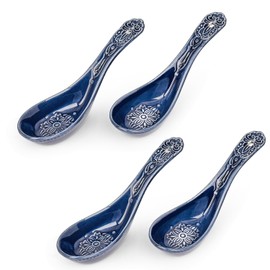 Sungmor Embossed Stoneware Fine Dining Dinnerware, Antique Baroque Style Porcelain 5.5 Inch Soup Spoons, Set of 4 Blue Ceramic Chinese Spoons, Asian Style Spoon for Miso Soup, Ramen, Dumpling