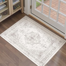 PureCozy Area Rug 2x3 Washable Light Gray Rug Vintage Boho Medallion Entryway Door Mat Entrance Grey Distressed Retro Carpet Non Slip Low Pile Small Soft Doormat for Kitchen Bedroom Laundry Bathroom