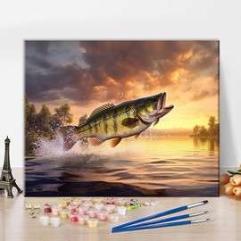 TUMOVO Largemouth Bass Paint by Numbers for Adults Fish Jumping Out of Water DIY Oil Paint by Number On Canvas Yellow Theme Painting Art Crafts Acrylic Paints for Home Decor Painting Gift 16"x20"
