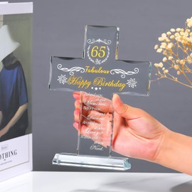Ornalrist 65th Birthday Gifts for Women, Glass Cross Engraved with Happy 65 and Fabulous Birthday, Turning 65 Years Old Religious Birthday Presents Ideas for Men Friends Mom
