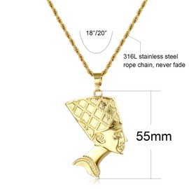 yipima Egyptian Queen Nefertiti Necklace for Women Men 14K Gold Plated Nefertiti Pendant with 3mm Rope Chain Necklace, Big and Small Head, 18""/20"", legnth: 20"", Stainless Steel, No Gemstone, large