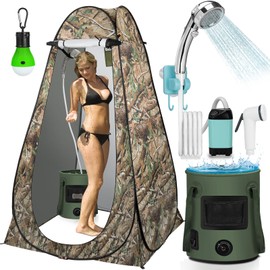 Thallike Portable Camping Shower, Pop Up Shower Privacy Tent Kit with LED Lights, Rechargeable Shower Pump with 6.6 Gallons Foldable Bucket Camp Bathroom for Adults Outdoor Hiking