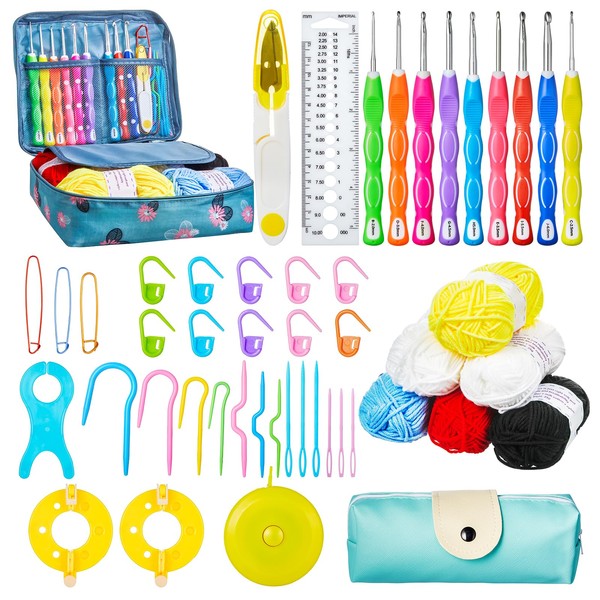 Anpro Crochet Set for Beginners, Includes 9 Crochet Hooks, 6 Wool Balls and Complete Crochet Accessories, Crochet Hook Set with Two Storage Bags