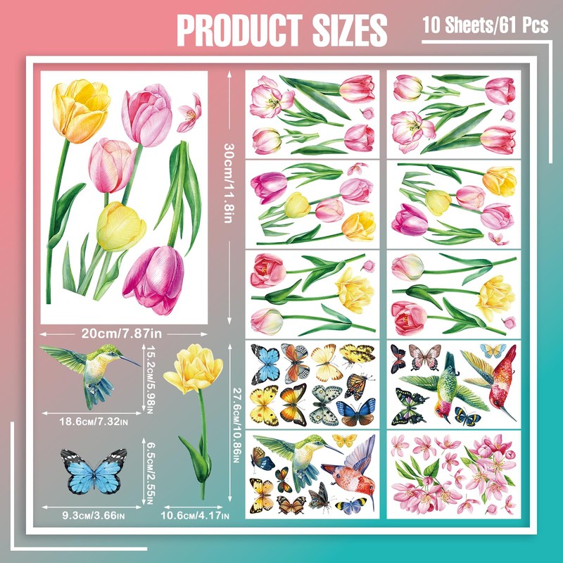 Spring Tulip Window Clings, 61 Pcs Butterfly Tulip Flower Hummingbird
