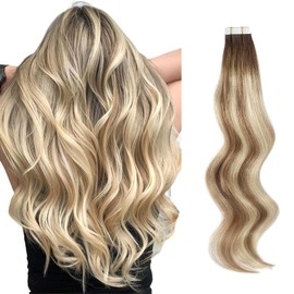ABH AMAZINGBEAUTY HAIR Tape in Haarverlängerungen aus Echthaar Doppelseitige Wurzel Highlight Extensions Echthaar Tape Aschbraun-Strandblond mit Dunkelbrauner Wurzel R3-8-613 40 cm Tape Extensions