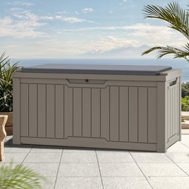 GOOBED 120-Gallon Deck Box with Cushion, Waterproof Outdoor Storage Chest for Garden Tools, Pool Supplies, and Sports Gear, Lockable Lid, Multi-Purpose Bench or Table, Easy Assembly (Taupe)