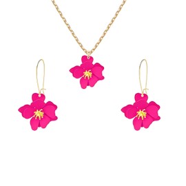 Dreuyet Charm Bohemian Daisy Flower Earring Necklaces Set for Women Elegant Matte Floral Long Petal Dangle Earrings Chic Layered Tiered Drop Earrings Seaside Holiday Jewelry (pink)