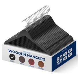 SereneLife 80 Pieces Wood Hangers - Space Saving Heavy Duty Slim Suit Clothes Hanger Set with 360 Degree Swivel Metal Hook, Can Hold Up to 10 Lbs. for Coats, Jackets, Pants & Dress (Black)