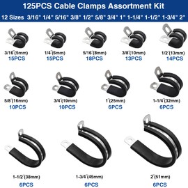 Taiss 125PCS Cable Clamps Assortment Kit 12 Sizes 3/16" 1/4" 5/16" 3/8" 1/2" 5/8" 3/4" 1" 1-1/4" 1-1/2" 1-3/4" 2" Wire Clamps,304 Stainless Steel Rubber Cushion Pipe Clamps,With Portable Handheld Box