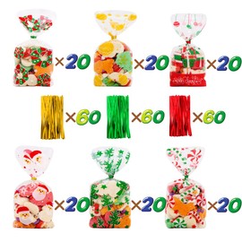 VEYLIN 120Pcs Christmas Cellophane Goody Bags, Xmas Cello candy Bags with Ties for Holiday Party Favors