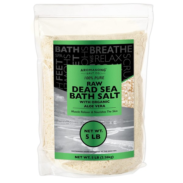 5 lbs RAW Dead SEA Salt with Organic Aloe Vera, not Cleaned, Still Contains All Dead sea Minerals Including Dead sea Mud, Fine Medium Grain Large resealable Bulk Pack