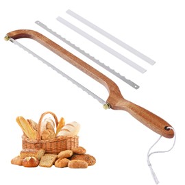 Sourdough Bread Knife, Bread Slicer for Homemade Bread - Sharp Stainless Steel Blade for Crumb-Free, Even, Intact Slices, Ergonomic Bow Design, Wooden Serrated Bread Cutter, 2 Blades & 2 Guards