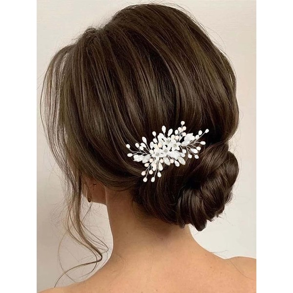 Latious Flower Wedding Bride Hair Vine Silver Pearl Bridal Headpiece Crystal Hair Piece Leaf Hair Accessories for Women and Girls (3.54Inches)