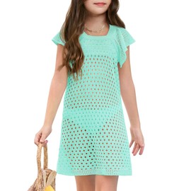 Haloumoning Girls Crochet Swim Cover Up Kids Ruffle Sleeve Hollow Out Summer Beach Dress 5-14 Years