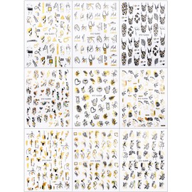 LANODO 2038 Nail Stickers, 9 Pieces, 3D, Black, Gold, Art, Multiple Styles, DIY, Nail Sticker Set, Beautiful