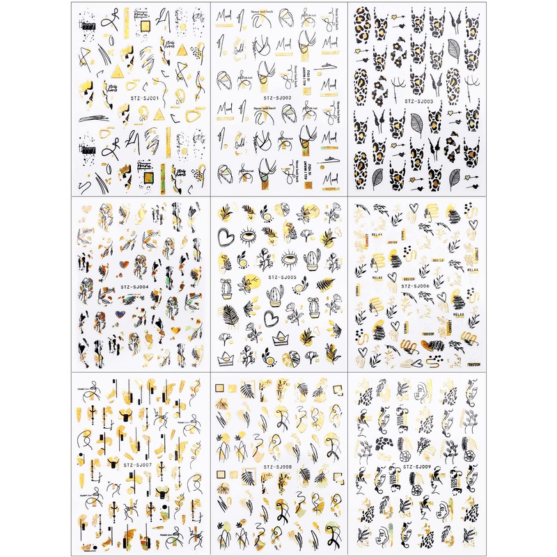 LANODO 2038 Nail Stickers, 9 Pieces, 3D, Black, Gold, Art,