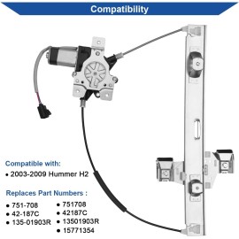 Kible 2pcs Window Regulator w/ Motor for Hummer H2 2003 2004 - 2009 Rear Left & Right