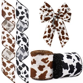 Glodecart 2 Rolls Cow Print Ribbon for Wrapping Gift Wreath Bow, Balck White Brown Cow Spot Ribbon for Gift Wrapping Craft Party Supplies Home Decoration DIY 2.5" X 10 Yard Wired Christmas Gift Ribbon