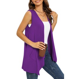 Wiwclo Trendy Sleeveless Cardigans for Women Lightweight Vest with Pockets Casual Soft Knit Open Front Cardigan High Low Hem, c05-purple-sleeveless, 3 XL