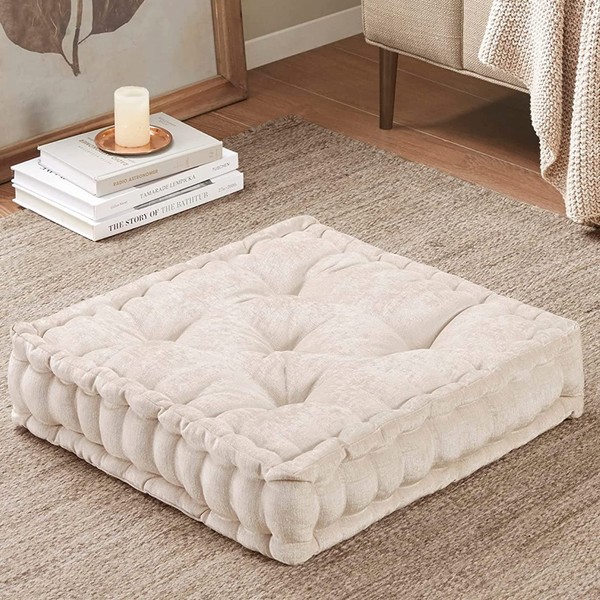 Intelligent Design Azza Floor Pillow Square Pouf Chenille Tufted with Scalloped Edge Design Hypoallergenic Bench/Chair Cushion, 20” x 20” x 5”, Ivory