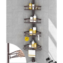 SEIRIONE Rustproof Shower Corner Caddy Organizer for Bathroom,Tension Pole with 4 Baskets, for Bathtub Storage Rack, 39 to 113 Inch Height, Bronze