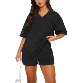 REORIA Women's Cotton Short Sleeve Tracksuit Jogging Suit V-Neck Two Piece Elegant Leisure Suit Sport Set Lounge Set, 01_black