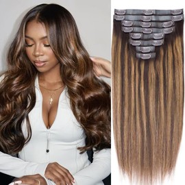 Seamless Clip in Hair Extensions Remy Human Hair Extensions Balayage Dark Brown to Chestnut Brown Clip in Hair Extensions 100% Real Soft Human Hair 8PCS 120g Human Hair Extensions(18inch,#2/6/2)