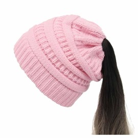 SHTGOI Ponytail Hat Wool Knitted Hat Soft Stretch Winter Hat with Loop Braids Hole Slouch Beanie Hat Chunky Knit Crochet Hat Warm Hat for Women and Girls with Long Hair Pink, pink