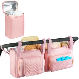 ZIOZERTT Double Stroller Organizer Compatible with Bob Duallie and Baby Jogger City Mini Gt2,Double Stroller Caddy with Cooler Bag and Cup Holder (Pink)
