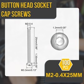 DTGN M2-0.4x25mm Button Head Socket Cap Screws - 100Pack - Good for Road Bicycle, Mountain Bike, Auto, Motorcycle - 304 Stainless Steel Whitewashed - Hex Socket Drive Fasteners