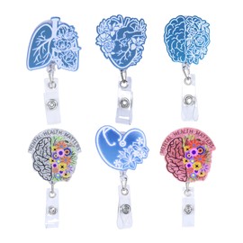 6Pcs Retractable Badge Holder, Nurse Style Badge Reel with 24 inch Retractable Cord and ID Card Clip, Heart Lung Brain Stethoscope + Flower Mixed Patterns