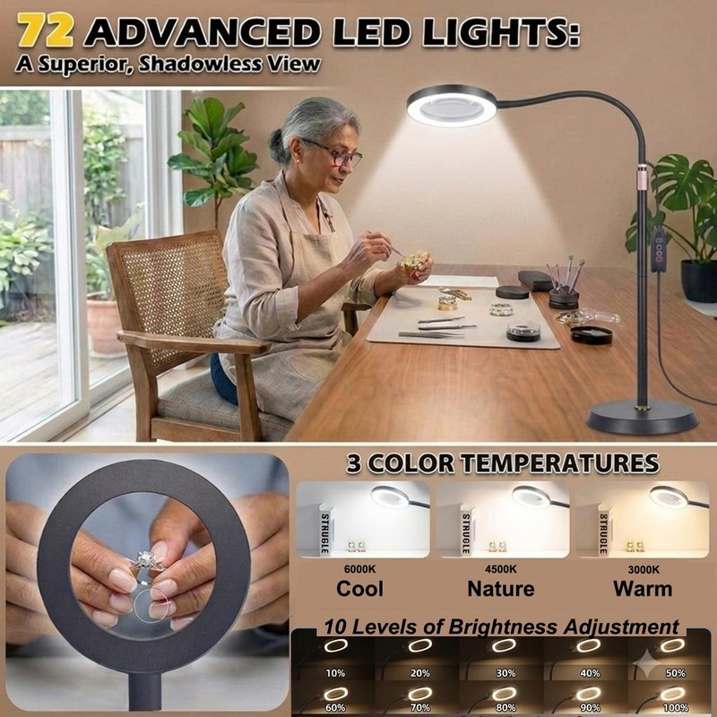 30X 10X Large Floor Magnifying Glass with Light and Stand,