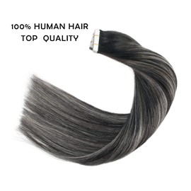 Sassina Invisible Tape-In Hair Extensions, Real Hair, 40 cm, Tape-In Extensions, Real Hair, Natural Black to Silver, Balayage, Skin Weft, Real Hair, 20 Pieces, 50 g
