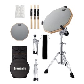 GrowDaily Drum Practice Pad Snare Drums Stand Set 12 In With Double Sided Silent Drums Pad,Drums Dampeners Gel, Drum sticks,Carrying Bag Adjustable Stand(Fits 10''-14'' Drums)