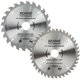 2 Pack - 185mm x 24T & 40T TCT Circular Saw Blades x 30mm Bore + 25mm/20mm/16mm Bore Reduction Rings Fits Evolution Bosch Makita Ryobi Dewalt Circular Saws Etc. Fits 190mm Circular Saw