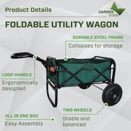 Garden Star 71001 Collapsible Folding Outdoor Utility Wagon for use Gardening, Camping, Beach, Sports Events, 13" Air-Filled Tires for Load Hauling on All Terrains, Easy Assembly