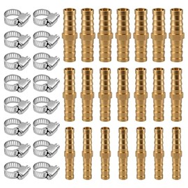 Lconvicely Brass Hose Barb Union, Fuel Line Fittings Barb Splicer Mender Joiner Hose Fitting with Stainless Steel Hose Clamp, for Water/Air/Fuel/Oil, 1/4'', 5/16'' 3/8'', Brassy (18 PCS)