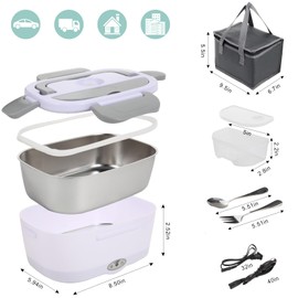SOHIDA Electric Lunch Box Food Heater, 80W Heated Lunch Box for Adults, 12V 24V 110V Portable Food Warmer LunchBox for Car Truck Work with Removable 304 Stainless Steel Container White