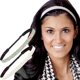 Hipsy Women's Adjustable No Slip Bling Glitter & Fashion Floral Printed Headbands 2-Pack (Mint Floral & White)