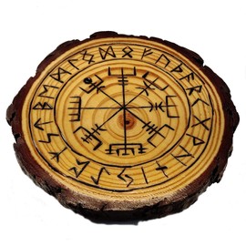 Wooden Viking Compass Set of 1 Plant Stand, Large Coaster, Candle Holder, Alter Plate, Vegvisir, with Carved Elder Furthark Alphabet Viking Runes for Divination (Viking Compass with Runes, Large)