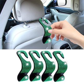 LAINLOY 4PCS Bling Car Headrest Hook, Crystal Rhinestone Back Seat Purse Holder, Car Seat Hanger Storage for Bag, Grocery, Handbag, Universal Interior Accessories for SUV Car Truck (Green)
