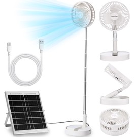 Aurelema Solar Battery-operated Portable Standing Fan with Solar Panel, 8" Rechargeable USB Telescopic Foldable Pedestal Desk Fan, 5200mah Battery, Adjustable Height, 3 Speeds, for Bedroom Home