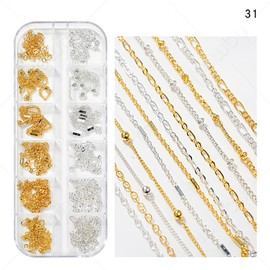 HYWWPFLAY 24 Strips Chain Nail Charms Gold Silver Nail Chains Charm 3D Charms for Nails Punk Metal Nail Studs Nail Decorations Accessories DIY Craft Manicure Jewels