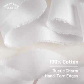FAKILO Natural Rustic Cotton Ribbon Frayed Edge White 100% Cotton Ribbon 5/8 Inch x 25 Yards Vintage Wedding Bouquets Invitations Baby Shower Gift Wrapping
