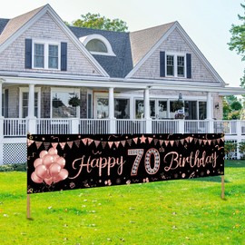 Happy 70th Birthday Banner Decorations for Women, Rose Gold 70 Birthday Sign Party Supplies, Funny 70 Year Old Theme Birthday Party Decor for Outdoor Indoor