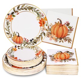 Homlouue 200Pcs Thanksgiving Paper Plates and Napkins, Fall Plates and Napkins, Pumpkin Flower Wreath Plate, Watercolor Disposable Party Supplies for Thanksgiving Autumn Harvest Table Decor, 50 Guests